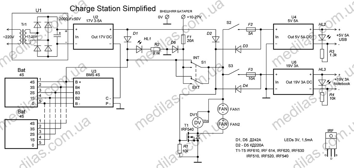 Circuit of a simplified charging station without additional voltmeters and with a power transformer in U1